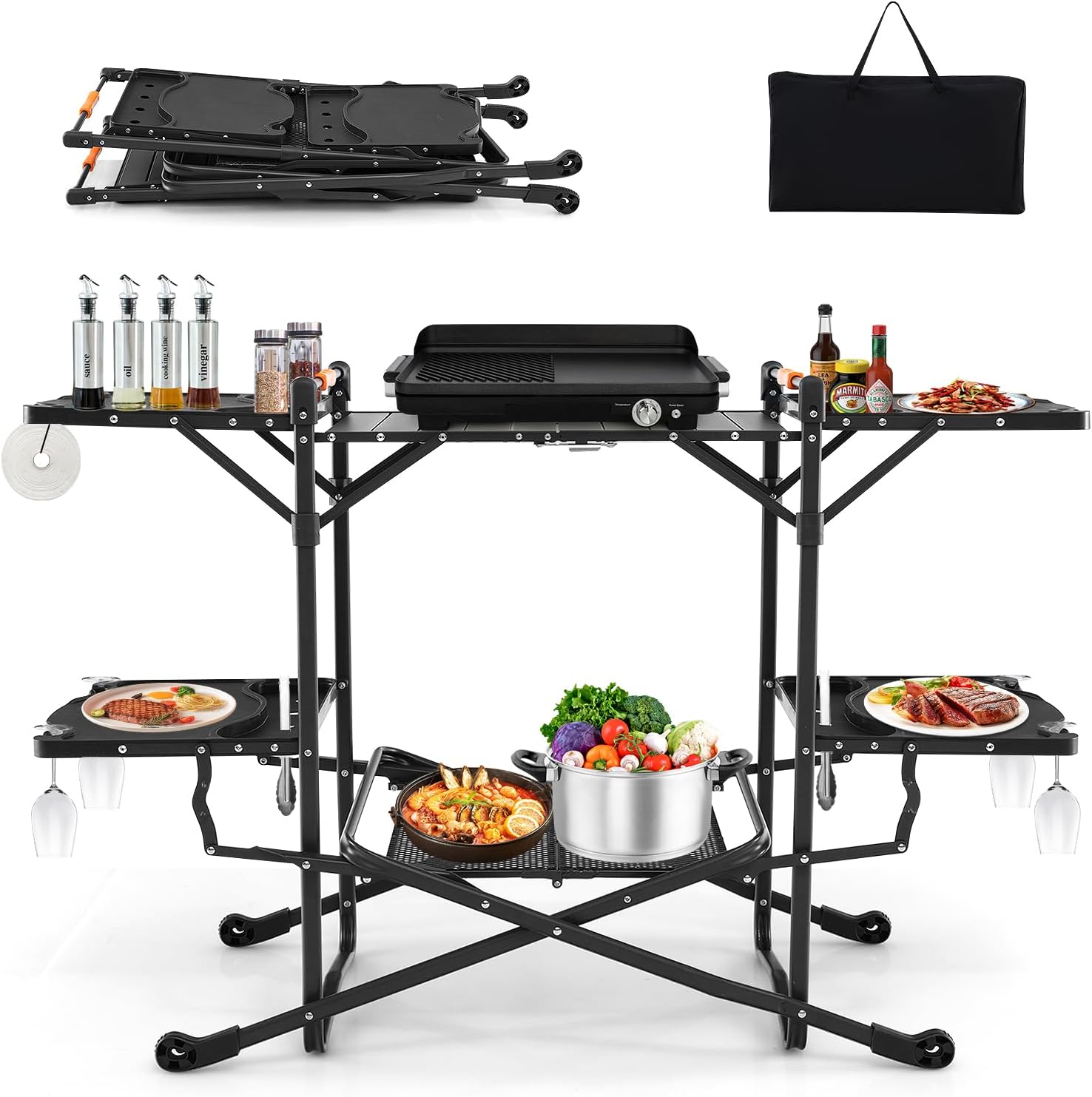 Camping Cooking Table With Storage - Tragbarer Outdoor-Klapptisch mit hitzebeständiger Oberfläche, 4