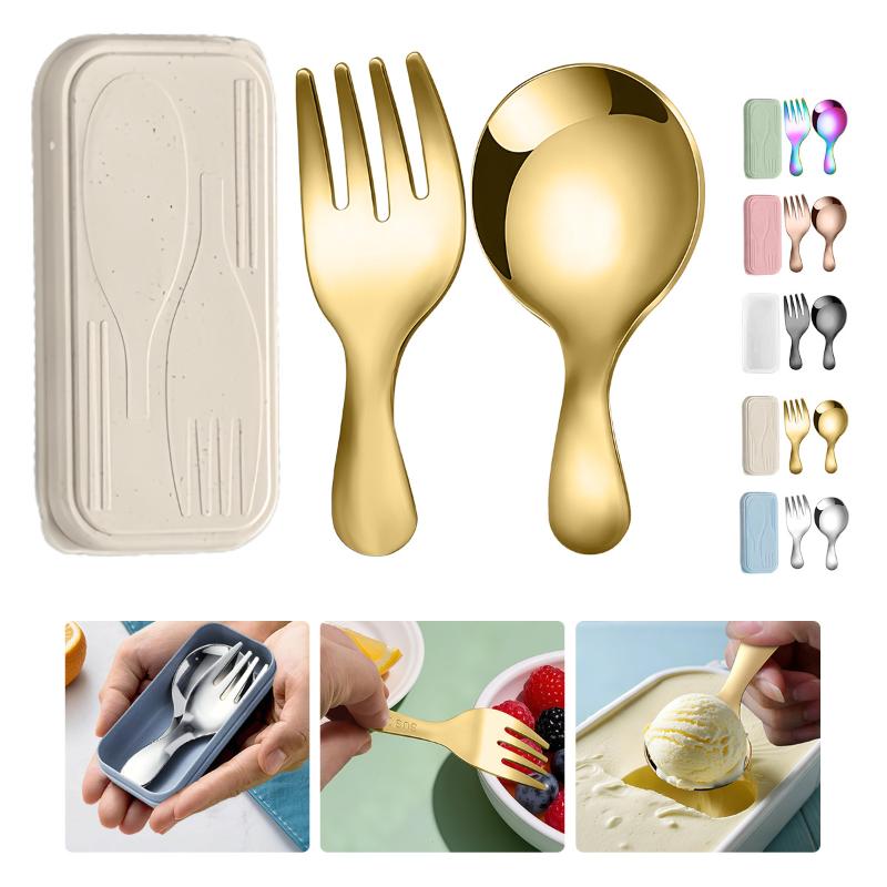 Camping Hiking Cooking - Edelstahl-Geschirr-Set, Löffel, Gabel, 2-teilig, tragbar, mit