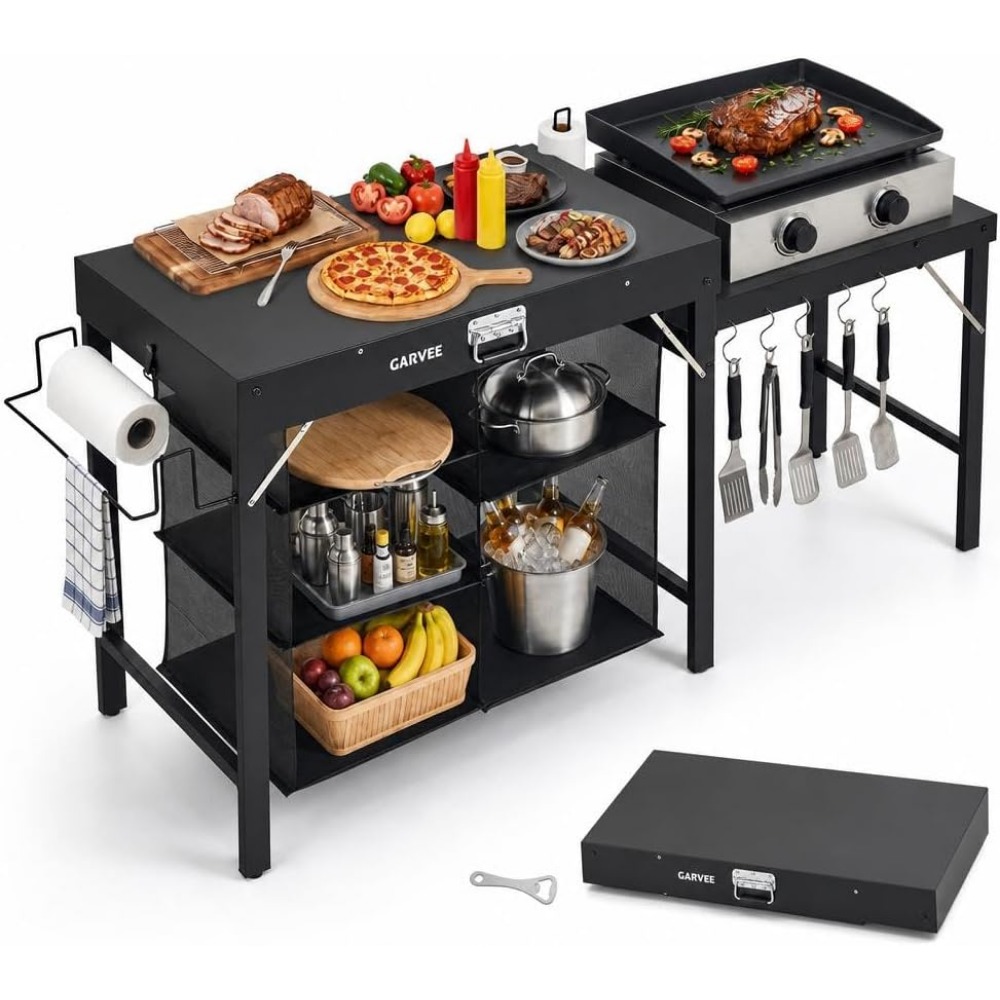 Camping Cooking Table With Storage - Klappbarer Metall-Grilltisch mit Seitenverlängerung und Stauraum,