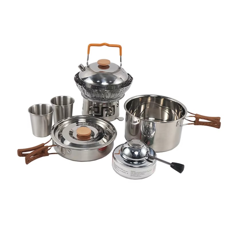 Quality Camping Cooking Set - Hochwertiges Tragbares Outdoor-Camping-Kochgeschirr-Set mit Metallgriffen, Besteck