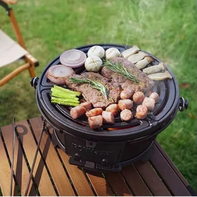 Camping Cooking Cast Iron - Runder Holzkohlegrill, lebensmittelechter Gusseisengrill für den