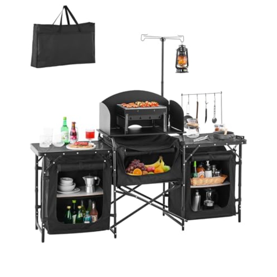 Camping Cooking Table With Storage - Camping-Küchentisch, Outdoor-Camping-Kochtisch, Tragbare Aluminium-Kochstation mit 3